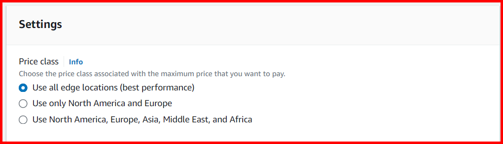 Picture showing the section to select the price class while creating the cloudfront